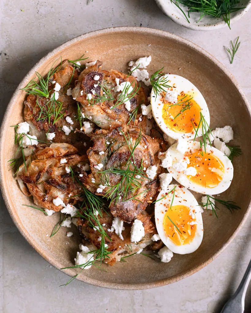 Croquettes de fenouil, œufs mollets et feta