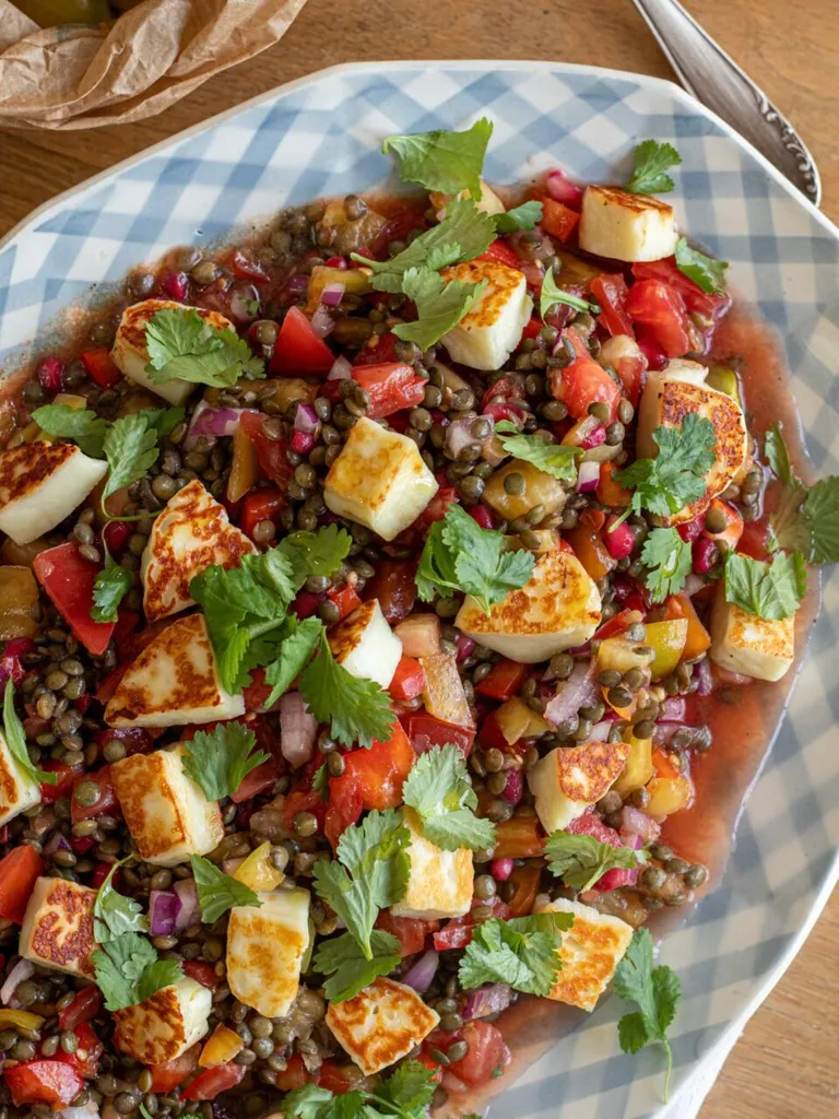 Salade de Lentilles aux Tomates et Halloumi Grillé