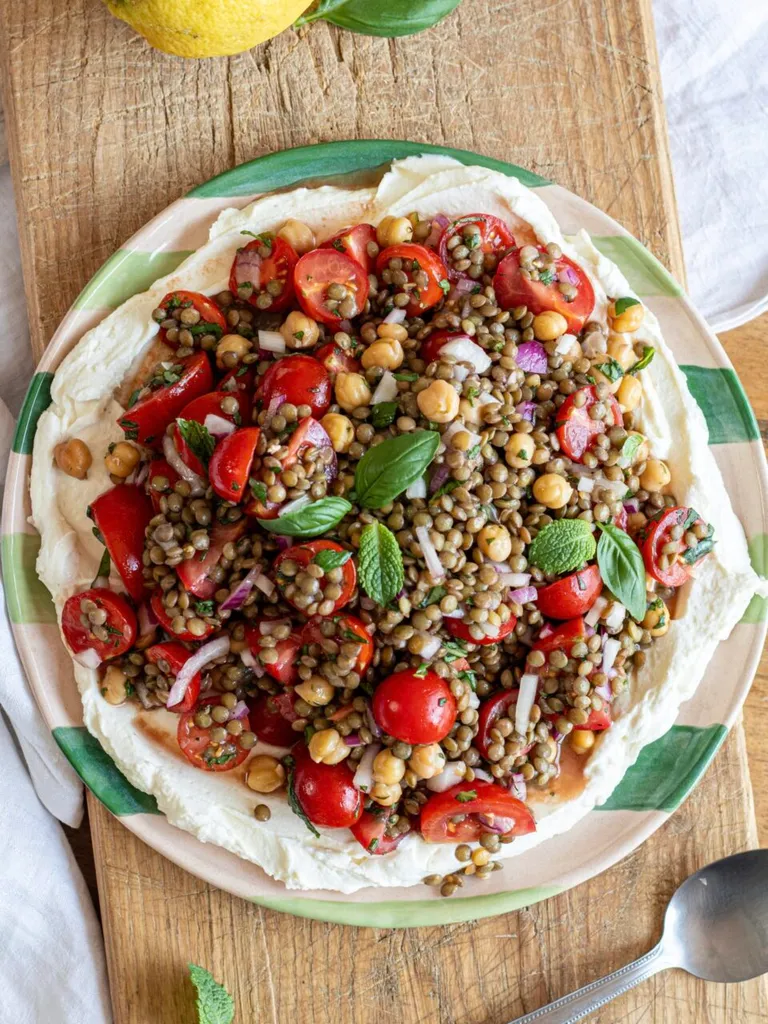Photo of Salade de Lentilles et Pois Chiches sur Lit de Ricotta Fouettée