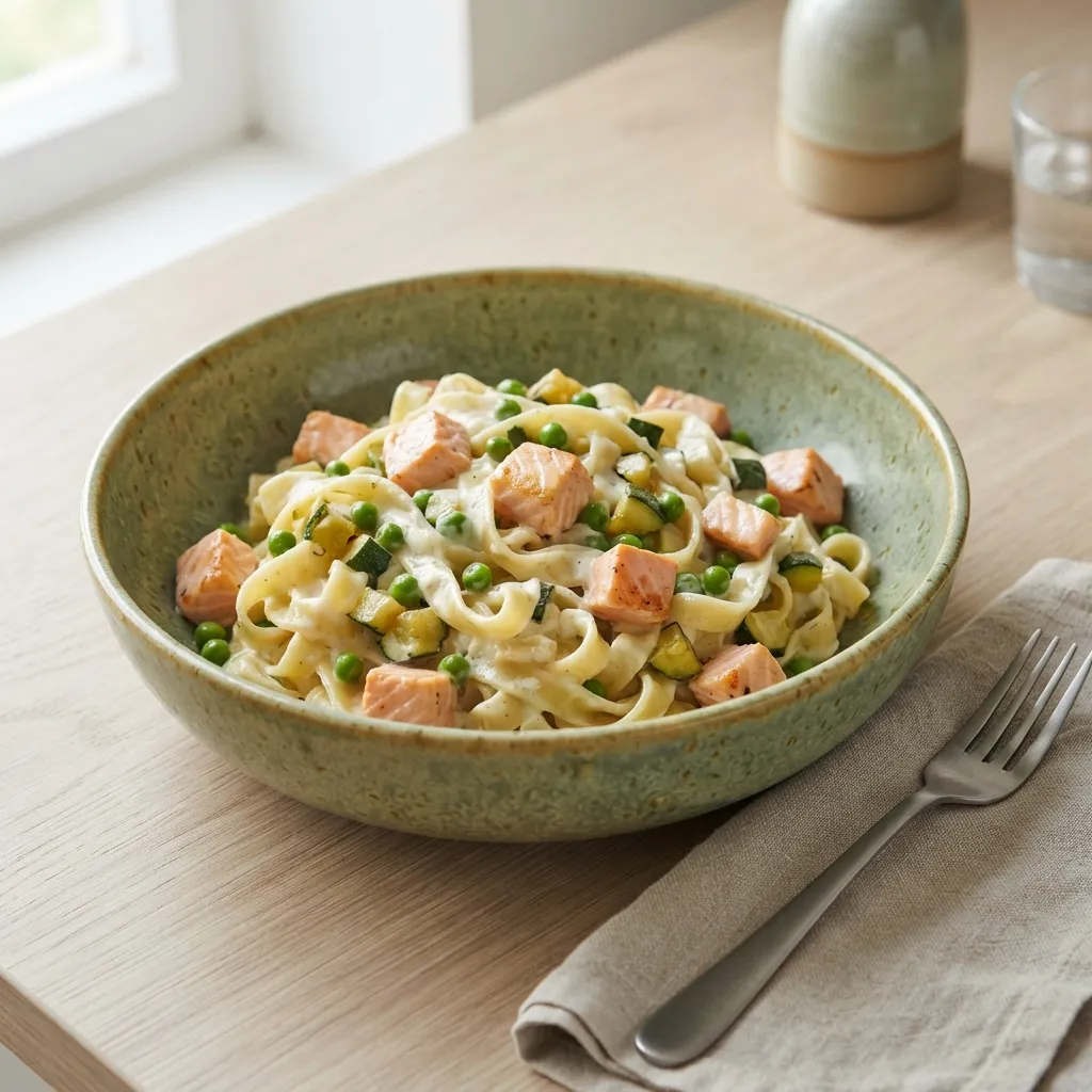 Tagliatelles au saumon, courgettes et petits pois