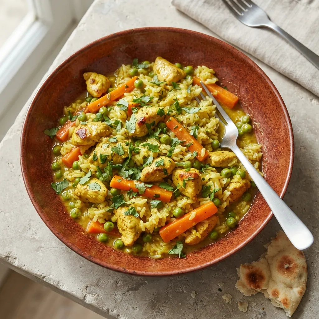 Poulet au curry, riz et petits pois