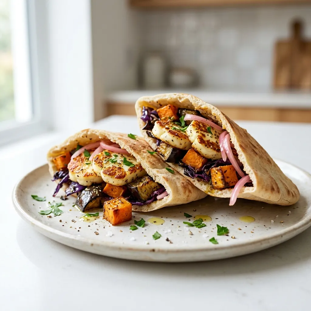 Pitas à l'halloumi et légumes rôtis