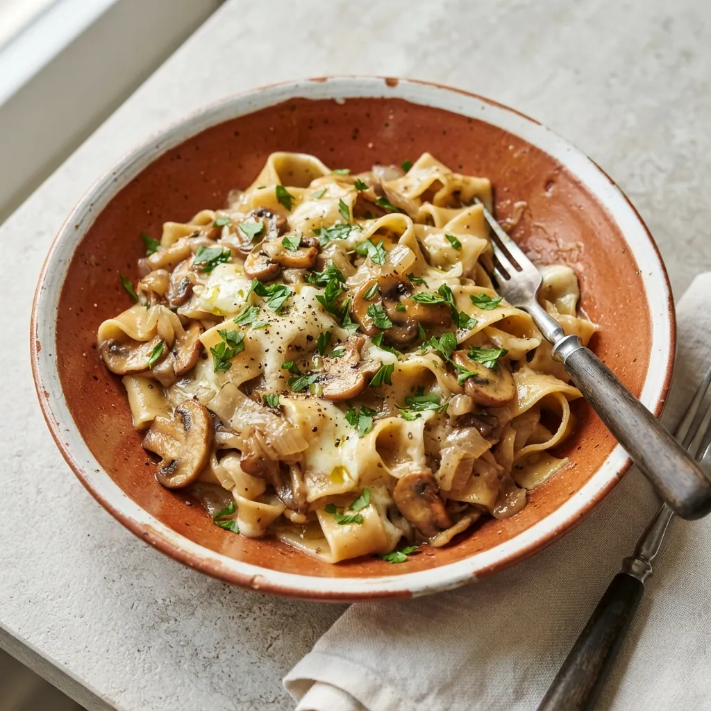Pâtes crémeuses aux champignons et mozzarella