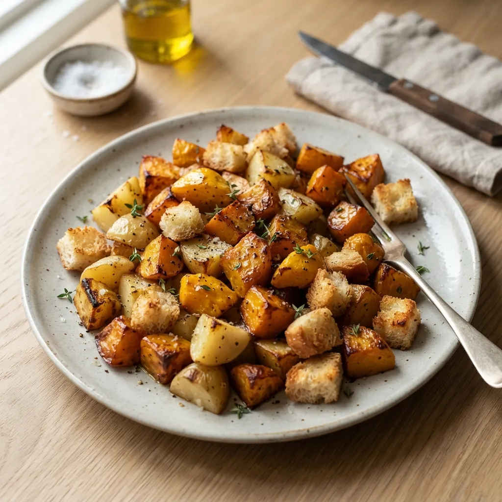 Pâtisson et pommes de terre rôtis au four