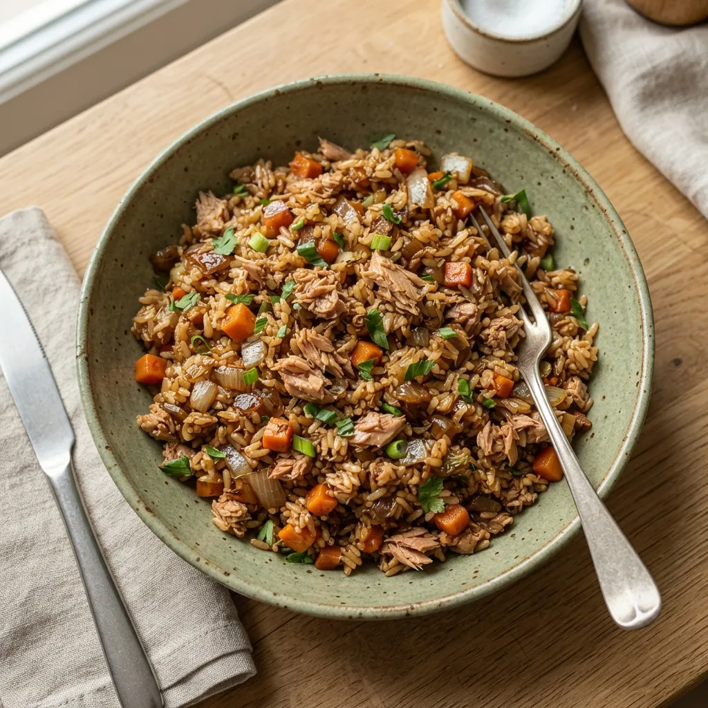 Riz sauté au thon et légumes