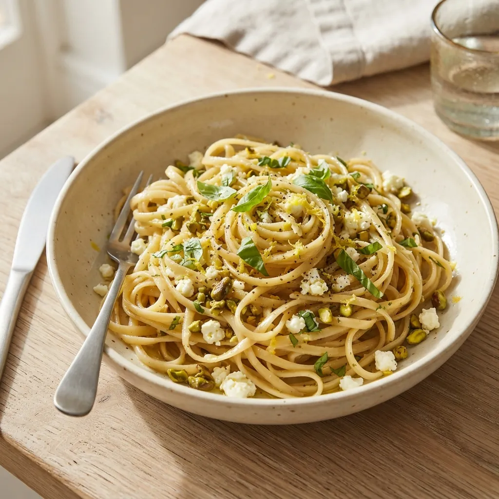 Linguine au citron, feta et pistaches