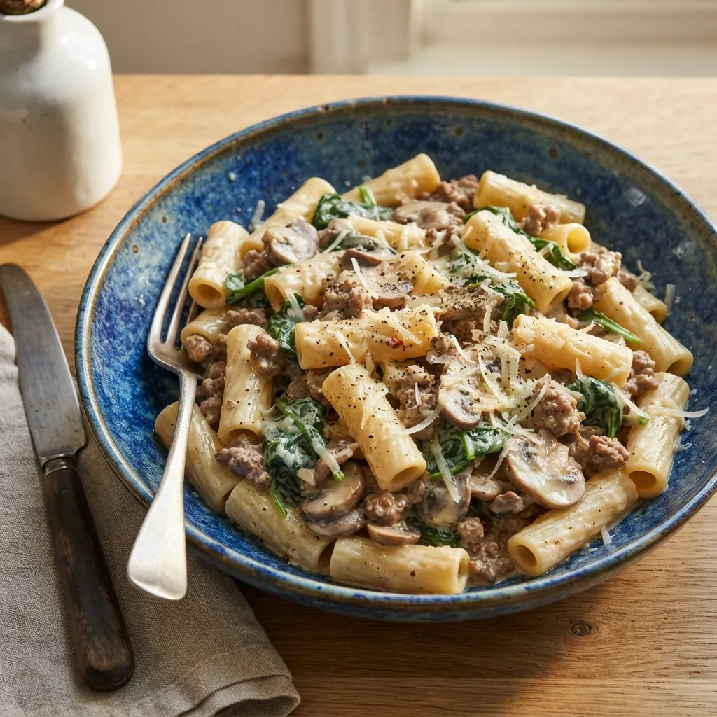 Pâtes crémeuses au bœuf, champignons et épinards
