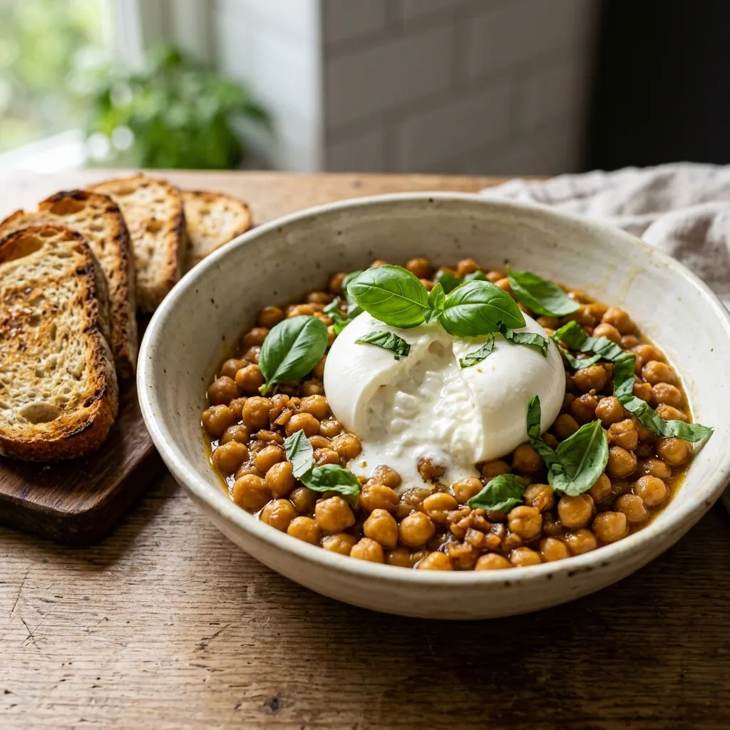Pois chiches braisés à la burrata