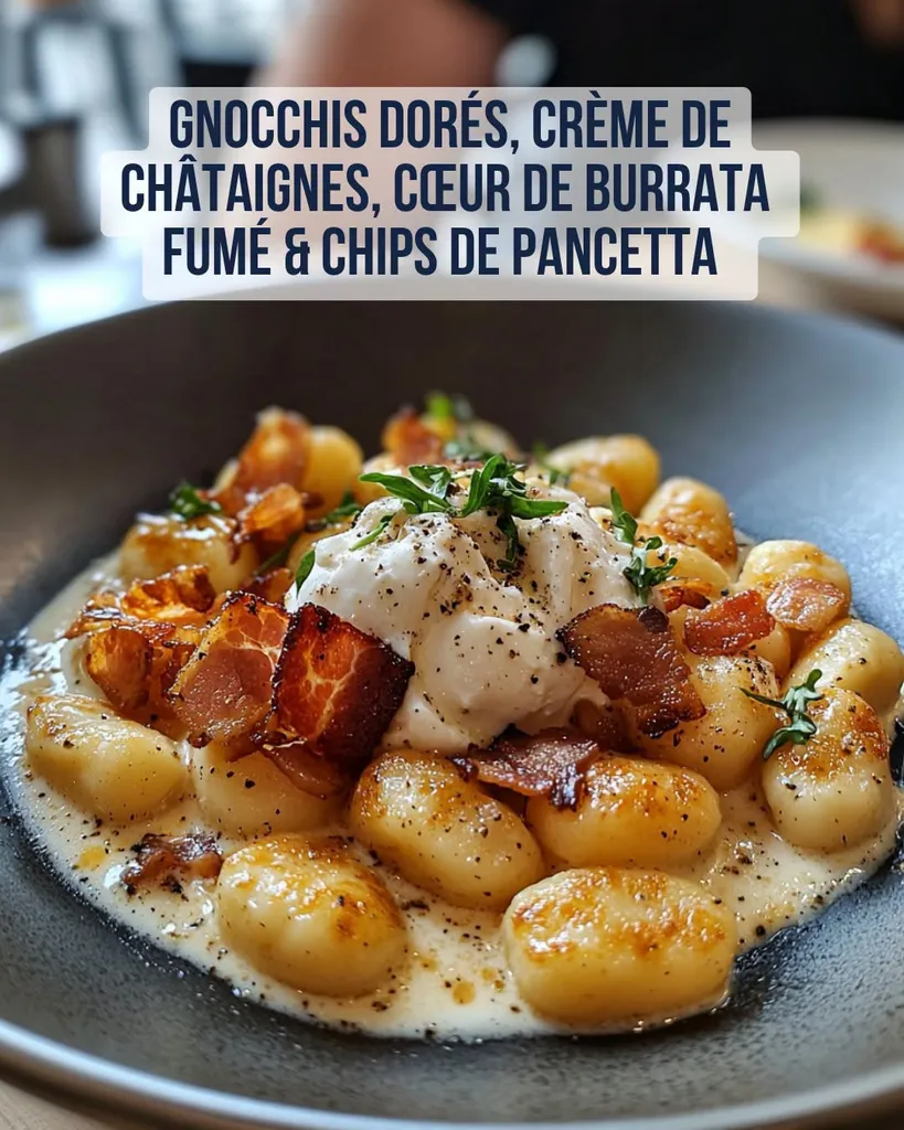 Gnocchis Dorés, Crème de Châtaignes, Cœur de Burrata Fumé & Chips de Pancetta